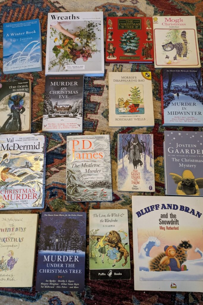 seasonal books for Christmas blog banner, colourful rug